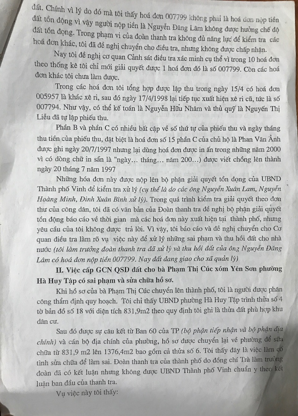 Bài 4: "Hô biến" đất của dân xong, cán bộ rút kinh nghiệm?! - 2 Báo cáo của ông Thao nói: Tôi thấy đây là việc làm cố tình sửa chữa để làm sai. Đoàn thanh tra của thành phố đã có kết luận nhưng UBND TP Vinh lại không chuẩn y theo kết luận ban đầu của thanh tra.