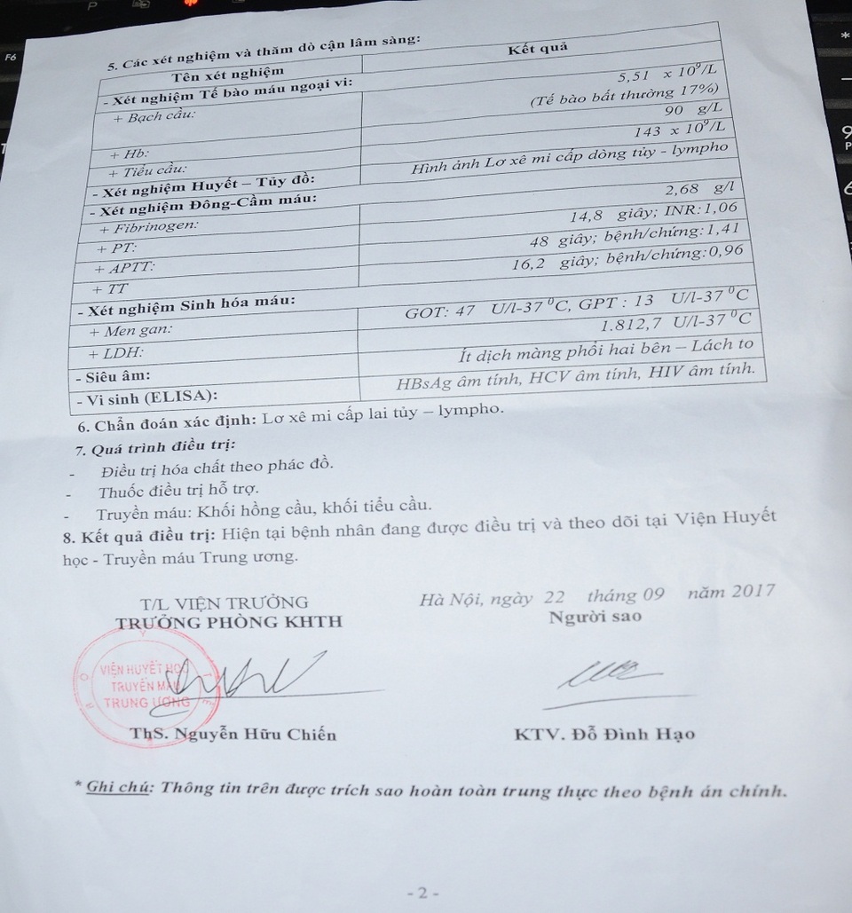 Tiếng khóc xé lòng của bé 11 tháng tuổi mắc ung thư máu cấp lai tủy - 5
Trích sao bệnh án của bé Phương Linh