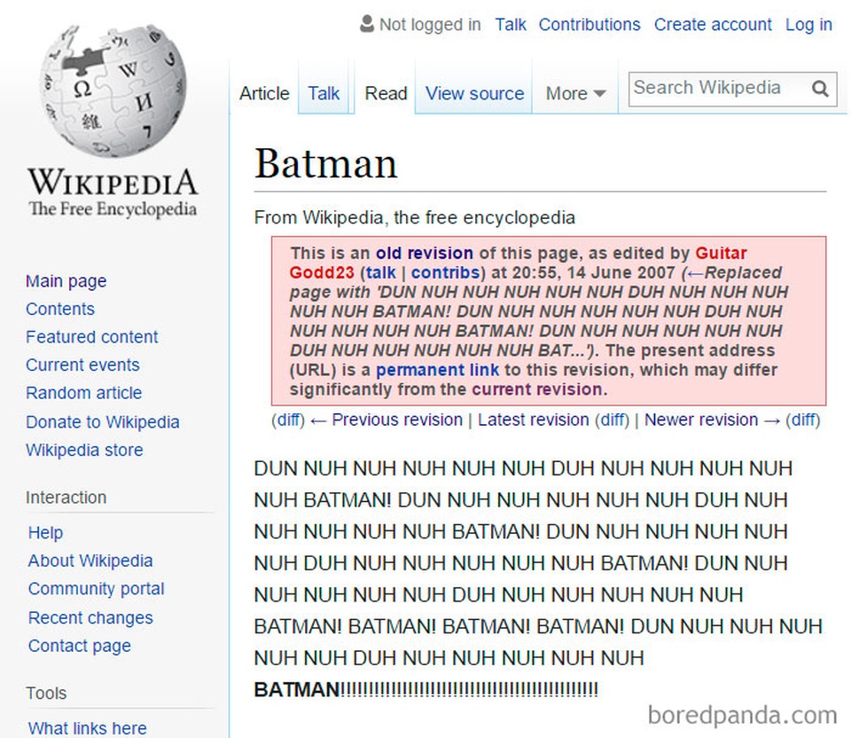"Phì cười" trước những nội dung "chế" trên trang Wikipedia - 4 Một fan của tựa phim Batman thậm chí thay đổi cả wikipedia về nhân vật này thành những ký tự lạ lùng được viết hoa.