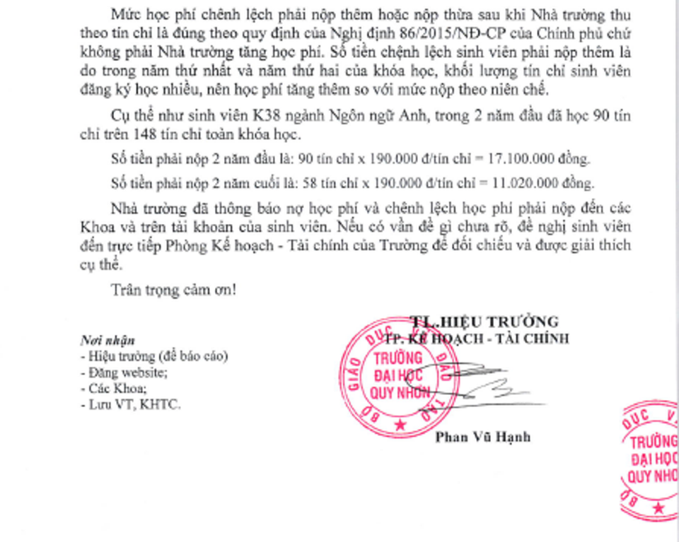 Hiệu trưởng ĐH Quy Nhơn: Không có chuyện nhà trường tăng học phí - 3 Trường ĐH Quy Nhơn giải thích chênh lệch học phí nộp thu theo tín chỉ và tạm thu theo niên chế.