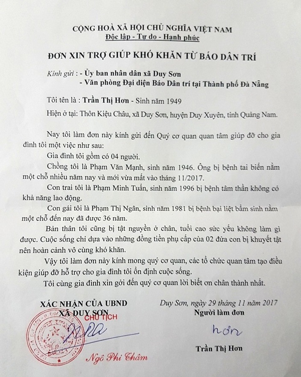 Mẹ già tủi cực trước cảnh con gái bị bại não, con trai phát bệnh tâm thần - 4 Đơn xin trợ giúp của gia đình bà Hơn gửi đến Dân trí