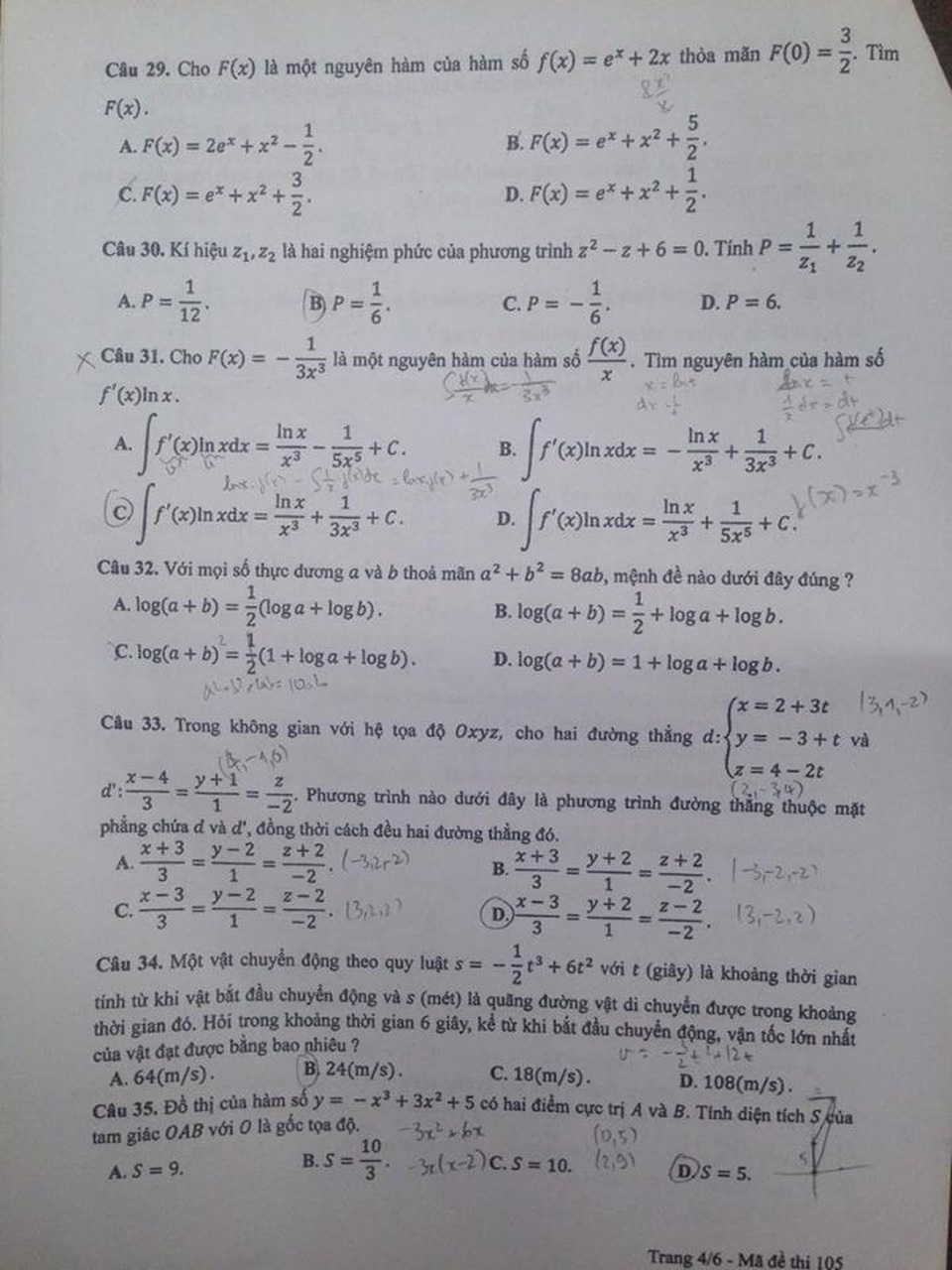 Đáp án gợi ý môn Toán trắc nghiệm mã đề 105 - 4