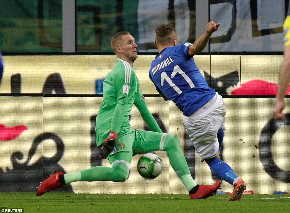 Italia chính thức trở thành khán giả tại World Cup 2018 - 4
Immobile cũng có những cơ hội, nhưng anh không thể một lần đánh bại thủ thành Thụy Điển