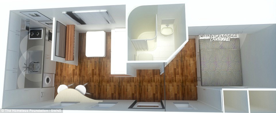 Nội thất căn hộ mini chụp từ trên nóc nhà xuống. Hiện tại, căn hộ đã được trao cho một thanh niên 18 tuổi sống tại thành phố Worcester (Anh) với hy vọng thanh niên này sẽ có thể “an cư, lập nghiệp”, xây dựng lại cuộc đời sau một năm sống vất vưởng trên đường phố.