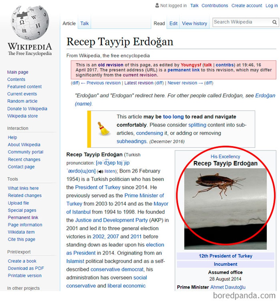"Phì cười" trước những nội dung "chế" trên trang Wikipedia - 5 Trang Wikipedia về Tổng thống thứ 12 của Thổ Nhĩ Kì bị thay đổi hình ảnh đai diện. Tuy nhiên sự cố này đã sớm được khắc phục.