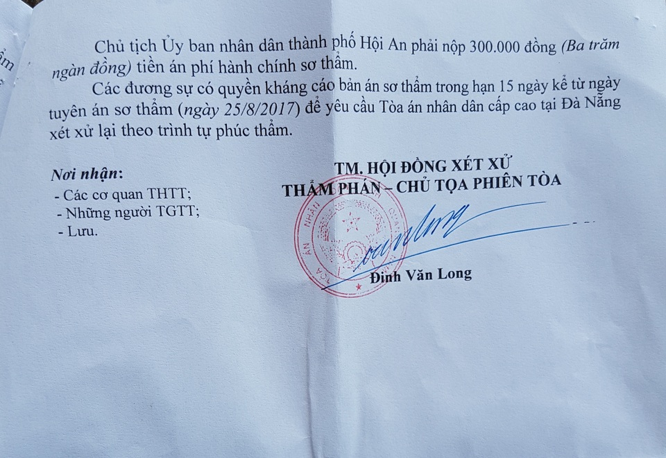 Bác đơn khiếu nại của người dân, Chủ tịch TP Hội An thua kiện! - 5 Bản án của TAND tỉnh Quảng Nam tuyên UBND TP Hội An tuyên hủy quyết định số 1707 do ông Nguyễn Văn Dũng ký