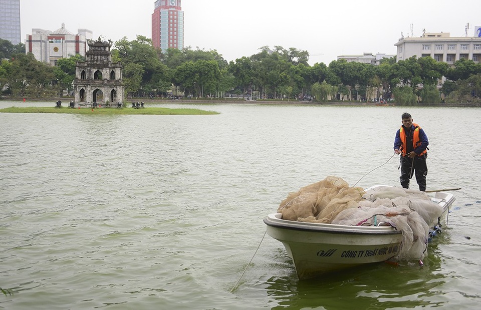 Hà Nội bắt đầu nạo vét bùn Hồ Gươm với kinh phí 30 tỉ đồng - 6 Lưới to dùng để cách ly thủy sinh động vật dưới hồ.