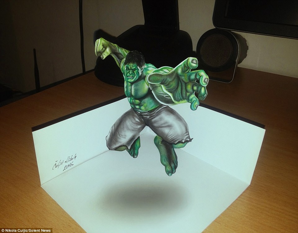 Choáng ngợp trước những bức vẽ 3D đánh lừa thị giác - 2 Người khổng lồ xanh Incredible Hulk.