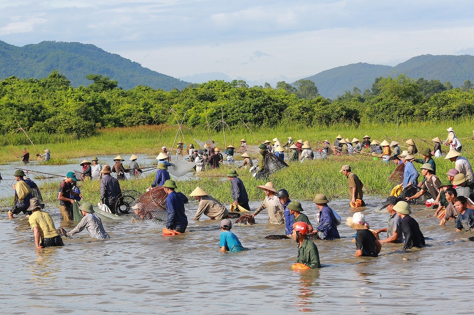 Hút hồn hình ảnh Lễ hội đánh cá Đồng Hoa - 2 Sau tiếng chuông được đánh, hàng ngàn người đã đổ xô xuống bàu thi nhau nơm, xúc cá...