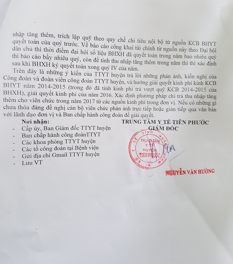 Quảng Nam: Trung tâm Y tế huyện Tiên Phước bị tố thu chi không rõ ràng! - 6 Văn bản TTYTTP trả lời các nội dung kiến nghị của CBVC đơn vị