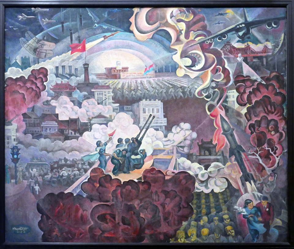 “Những năm tháng không quên” qua tranh của họa sĩ thời chiến - 5
Tác phẩm tranh sơn dầu Hà Nội cuối năm 1972 của hoạ sĩ Phạm Việt tái hiện lại bối cảnh thủ đô Hà Nội những ngày bị ném bom ác liệt. Tranh gây nhiều xúc động cho người xem bởi hình ảnh Hà Nội 45 năm trước vẫn còn in đậm trong ký ức, nay được gợi lại mạnh mẽ khi xem tác phẩm.
