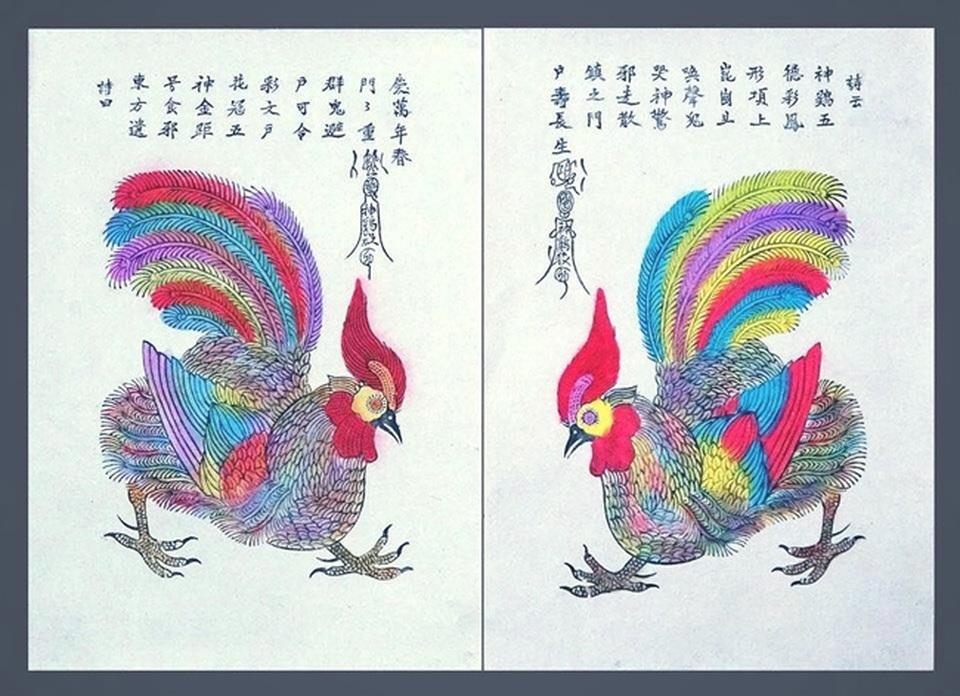 “Sống” lại với phong vị Tết xưa tại những di sản nổi tiếng của Hà Nội - 1 Bức tranh Thần kê của dòng tranh Kim Hoàng.