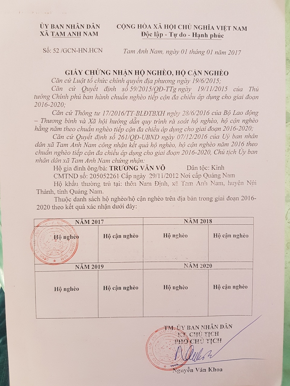 Sổ chứng nhận hộ nghèo năm 2017 của gia đình