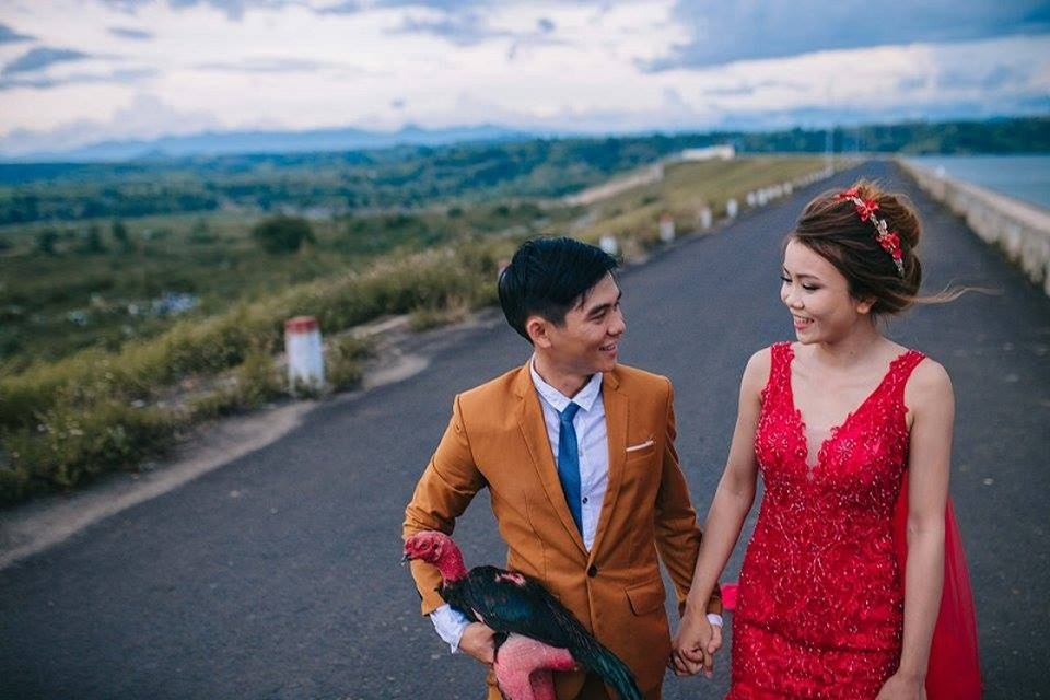 Chú rể mê gà chọi, ảnh cưới cũng không thể thiếu "vật cưng" - 1 Bộ ảnh cưới độc đáo này là của cặp đôi Phú Yên là Lương Tường Duy (sinh năm 1991) và cô dâu là Huỳnh Thị Ý Chung (sinh năm 1993).