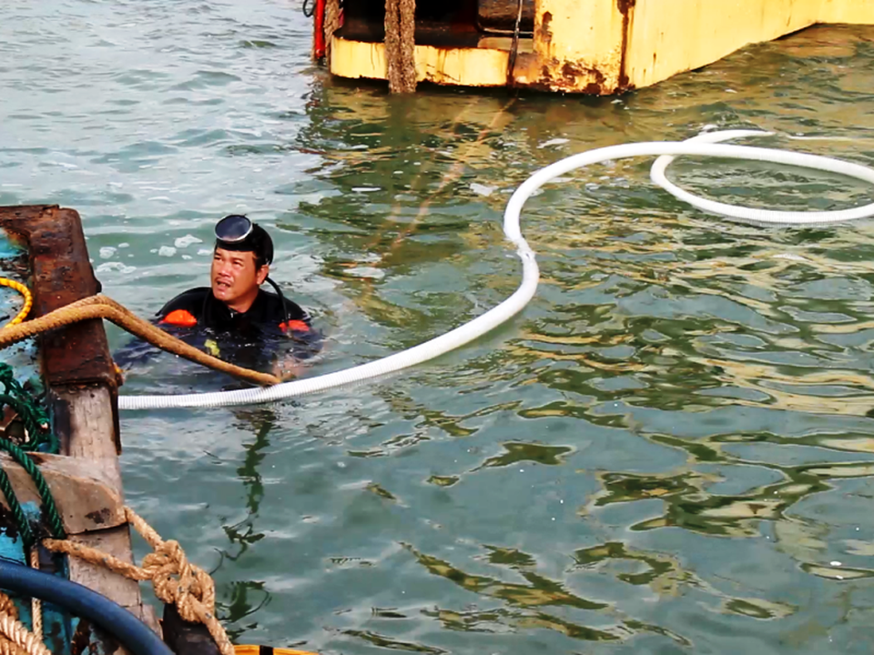 Thả phao vây, hút dầu trên các tàu chìm ở vịnh Quy Nhơn - 2 Thợ lặn lặn kiểm tra và lắp đặt hệ thống ống để hút dầu