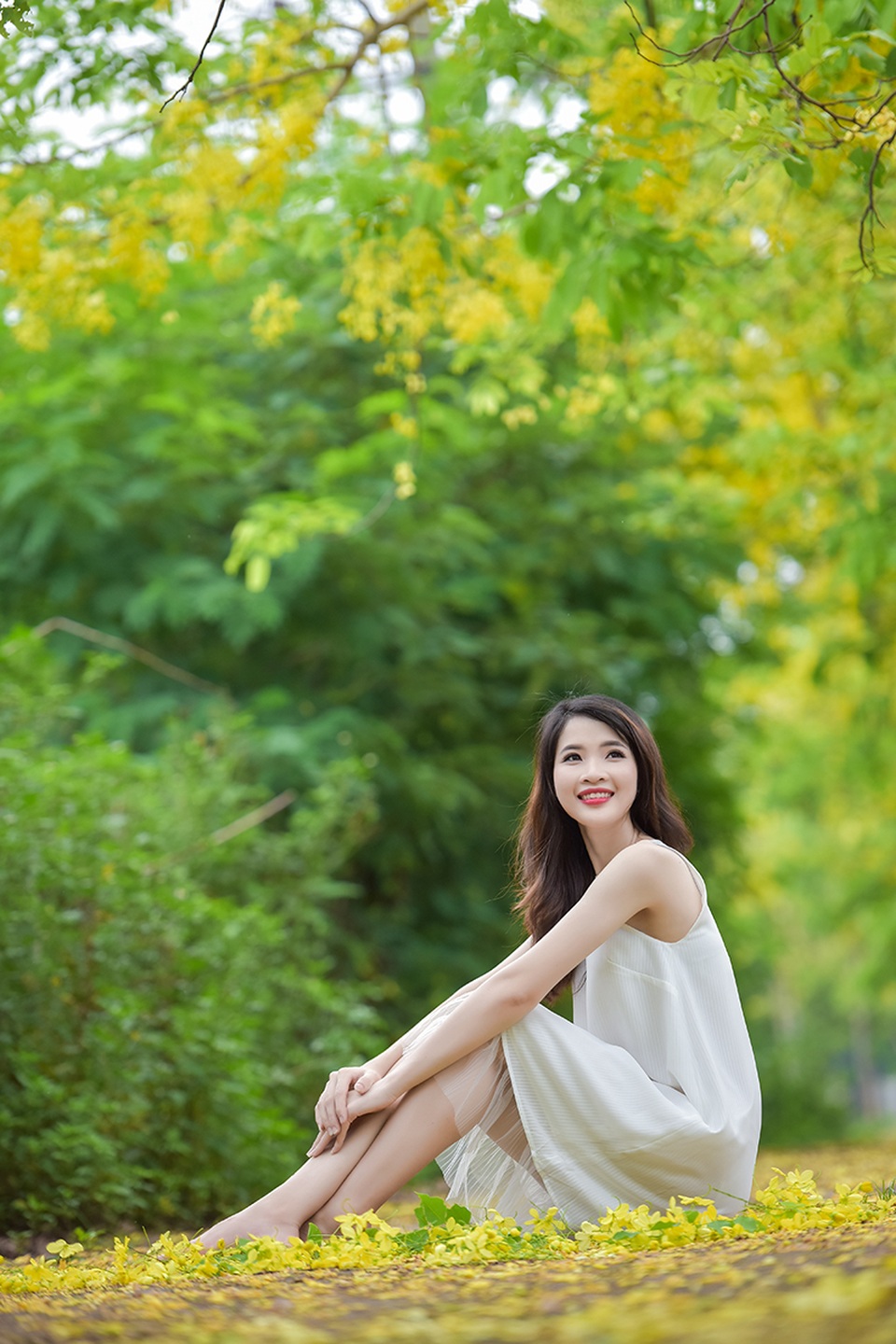Nữ sinh cao 1m79 duyên dáng đọ sắc cùng muồng hoàng yến - 2 Trang từng đoạt giải 3 trong cuộc thi Người đẹp xứ trà ở tỉnh Thái Nguyên và giải “Người đẹp áo dài”.