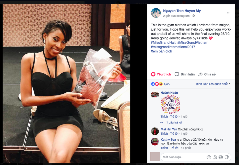 Huyền My gây ấn tượng khi trả lời phỏng vấn bằng tiếng Anh đầy tự tin - 4 Miss Grand Haiti nhận quà tặng của Huyền My.