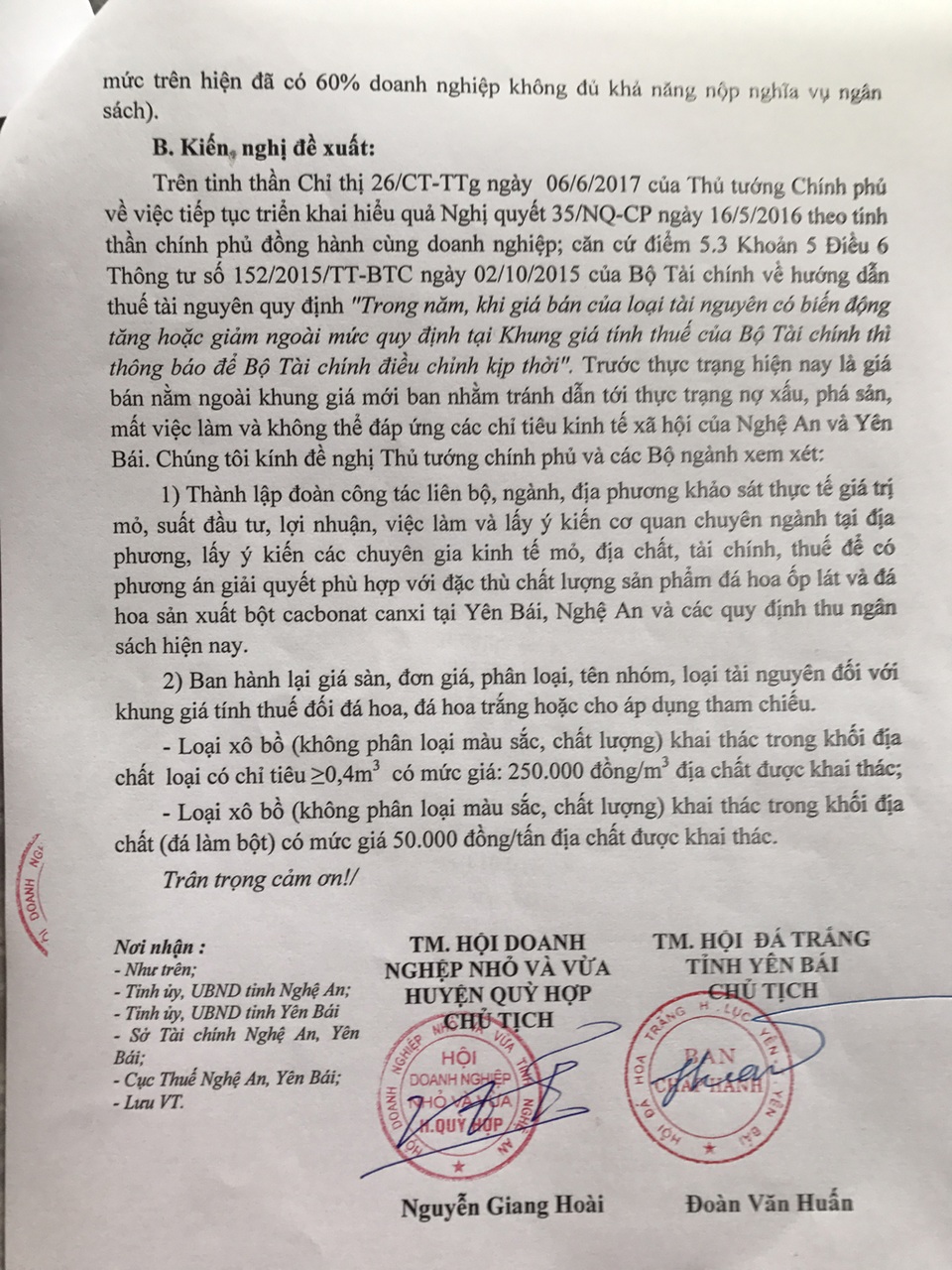 Áp thuế theo Thông tư 44: Tăng thuế, phí… doanh nghiệp đội đơn kêu cứu! - 2 Trước tình hình đó, Hội doanh nghiệp nhỏ và vừa Quỳ Hợp - Nghệ An và Hội đá hoa trắng Lục Yên - Yên Bái xin kính trình Thủ tướng Chính phủ xem xét, có ý kiến chỉ đạo Bộ Tài Chính, Tổng Cục Thuế và các cơ quan có thẩm quyền, xem xét điều chỉnh khung giá, danh mục, mức thu, phương pháp tính phù hợp để doanh nghiệp từng bước ổn định sản xuất, đáp ứng định hướng phát triển bền vững ngành khai khoáng, duy trì nguồn lực đã đầu tư...