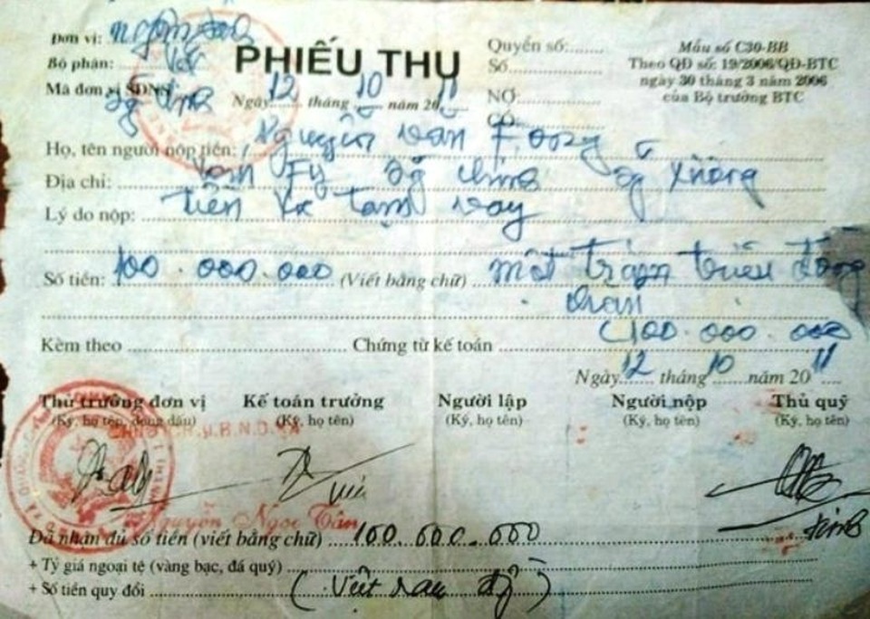 Phiếu vay nợ 100 triệu đồng của UBND xã với gia đình ông Phong