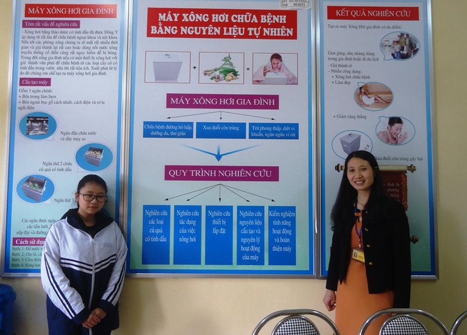 Nữ sinh cấp 3 chế tạo “máy xông hơi chữa bệnh bằng nguyên liệu tự nhiên” - 1
Nữ sinh Nguyễn Thanh Tâm và cô giáo bên mô hình sơ đồ máy xông hơi chữa bệnh bằng nguyên liệu tự nhiên