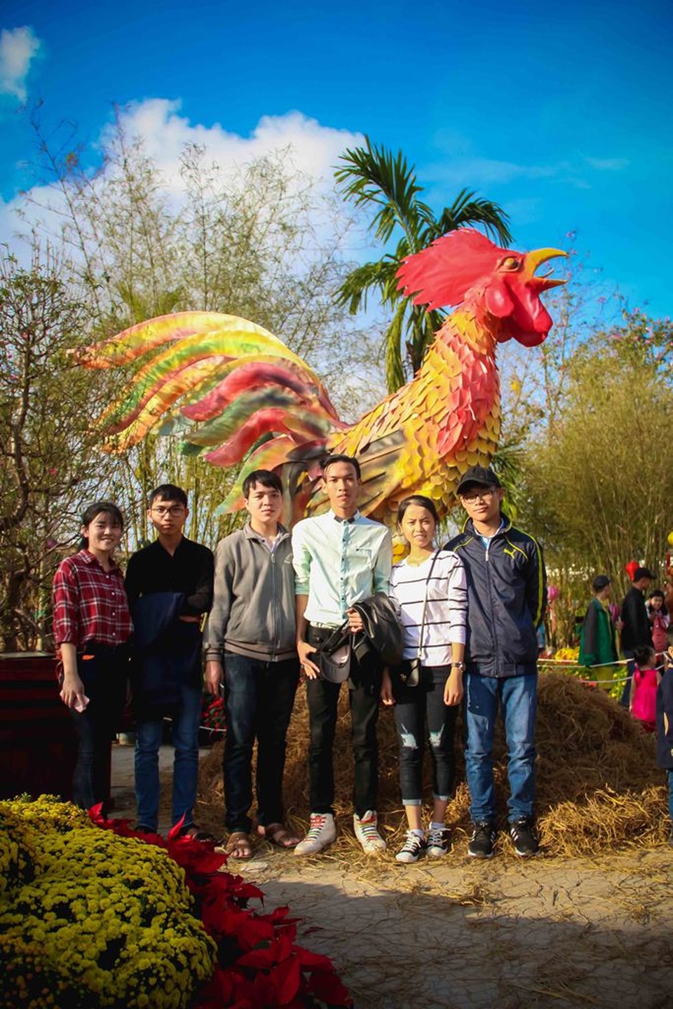“Gia đình Gà” khiến bạn trẻ Huế thích thú đầu Xuân - 4 Nhóm bạn trẻ cũng rất thích thú chụp ảnh với đôi Gà gần khu vực Bia Quốc Học