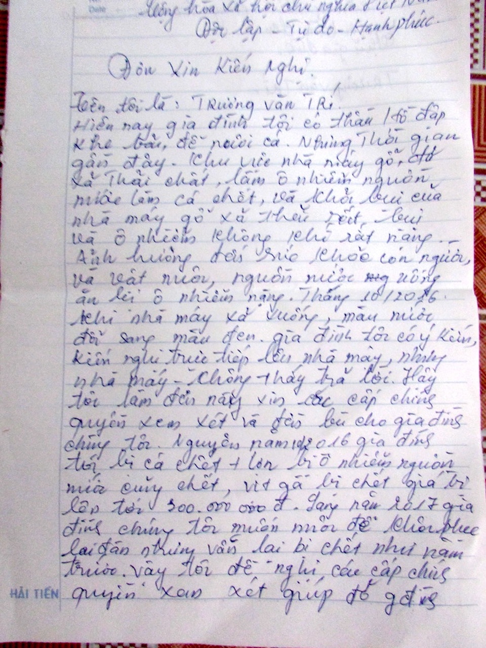 Đơn tố cáo của người dân gửi đến PV Dân trí.