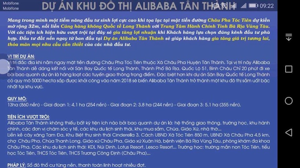 Vụ địa ốc Alibaba bán dự án "vịt trời": Cơ quan chức năng vào cuộc - 3 Sau khi bị bóc phốt ở Long Thành (Đồng Nai) và Củ Chi (TPHCM), công ty Alibaba đang chuẩn bị triển khai dự án ở Bà Rịa - Vũng Tàu có tên Dự án khu đô thị Alibaba Tân Thành.