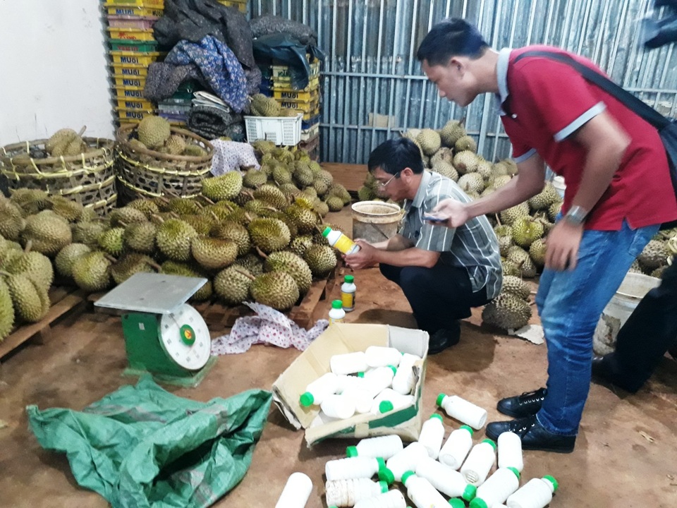 Thêm một cơ sở bị bắt quả tang đang nhúng sầu riêng vào chất lạ - 1 Công an bắt quả tang cơ sở sử dụng hóa chất làm chín sầu riêng