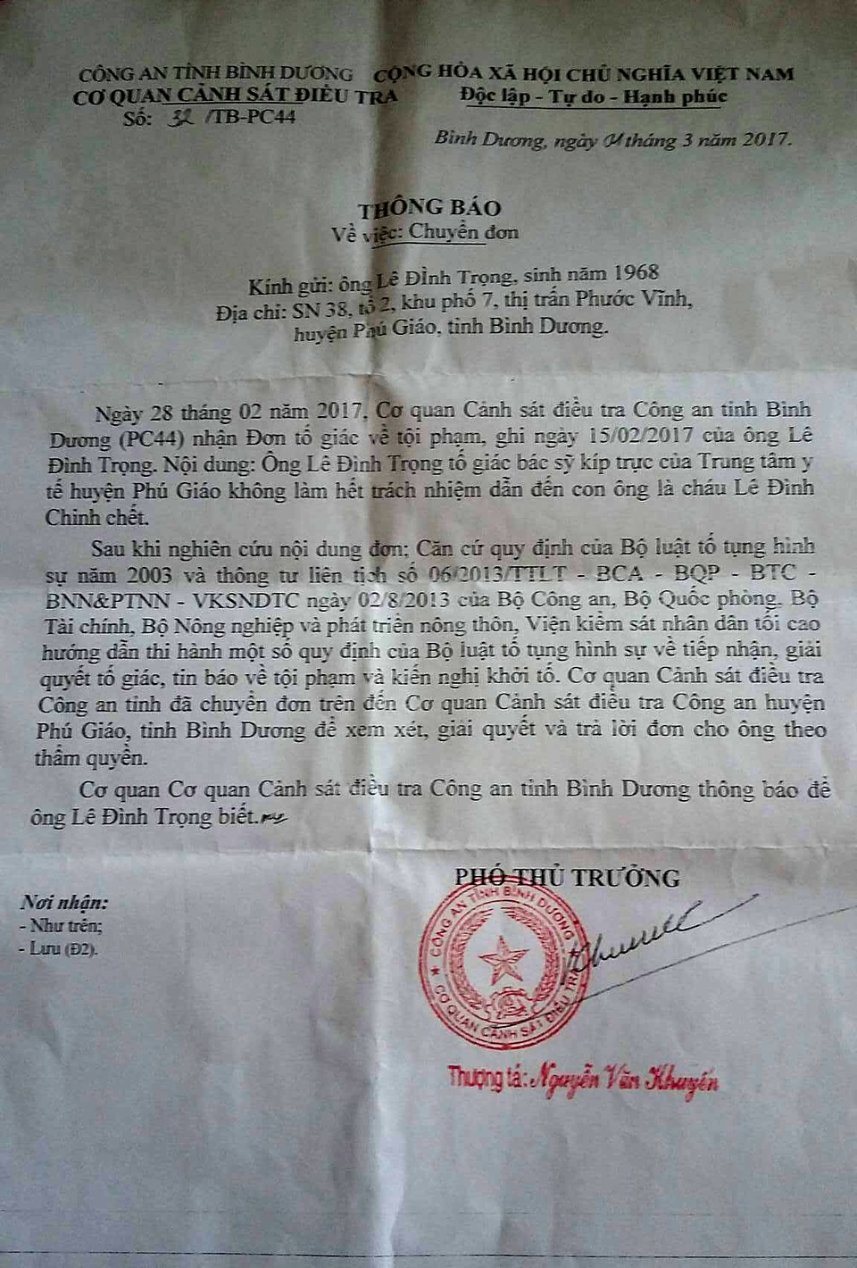 Vụ bác sĩ tắc trách, bé trai tử vong: Cục Quản lý khám, chữa bệnh yêu cầu báo cáo! - 4 Cơ quan CSĐT Công an tỉnh Bình Dương chuyển đơn đến Công an huyện Phúc Giáo để xử lý theo thẩm quyền.