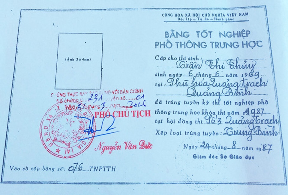 Chủ tịch Hội Phụ nữ xã dùng bằng giả đi học Chính trị - 1
Bằng tốt nghiệp phổ thông trung học giả của bà Thủy