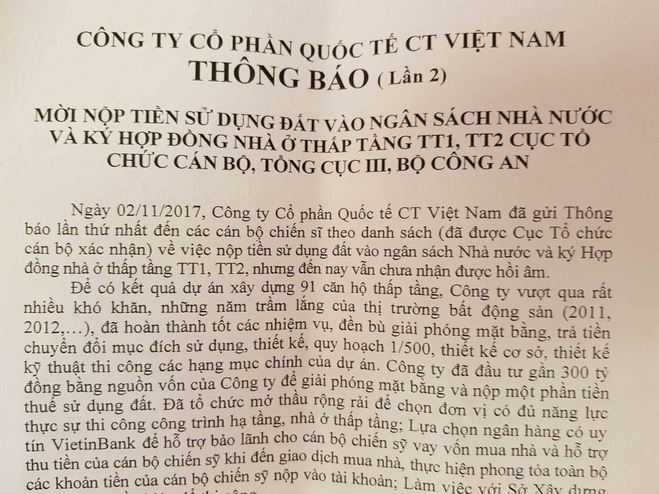 Lạ: Chủ đầu tư dự án chung cư phải khẩn cầu khách là cán bộ, chiến sĩ công an đóng tiền - 1 Lạ: Chủ đầu tư dự án chung cư phải khẩn cầu khách là cán bộ, chiến sĩ công an đóng tiền - 1
