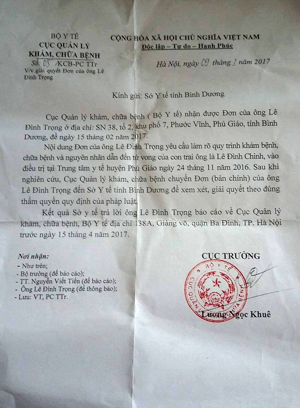 Vụ bác sĩ tắc trách, bé trai tử vong: Cục Quản lý khám, chữa bệnh yêu cầu báo cáo! - 2 Văn bản Cục Quản lý khám, chữa bệnh - Bộ Y tế gửi đến Sở Y tế tỉnh Bình Dương.