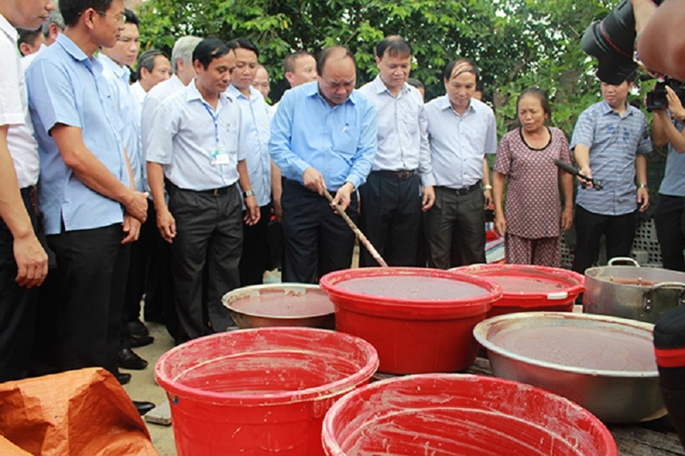 Thủ tướng kiểm tra công tác đền bù, chuyển đổi nghề nghiệp tại xã biển Đức Trạch - 1 Thủ tướng Nguyễn Xuân Phúc kiểm tra một cơ sở sản xuất ruốc truyền thống tại xã Đức Trạch