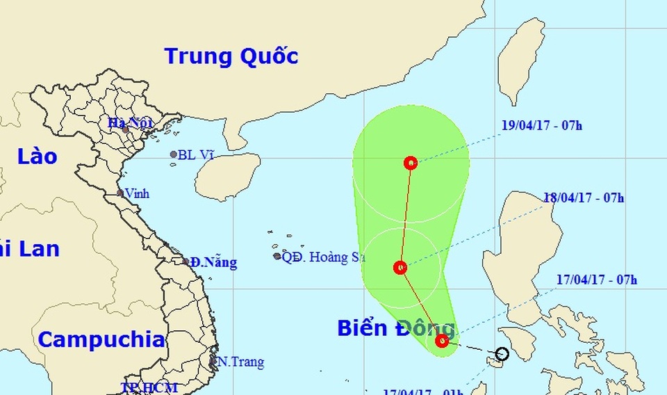 Xuất hiện áp thấp nhiệt đới trên Biển Đông - 1 Vị trí và hướng di chuyển của áp thấp nhiệt đới trên Biển Đông (Ảnh: NCHMF).