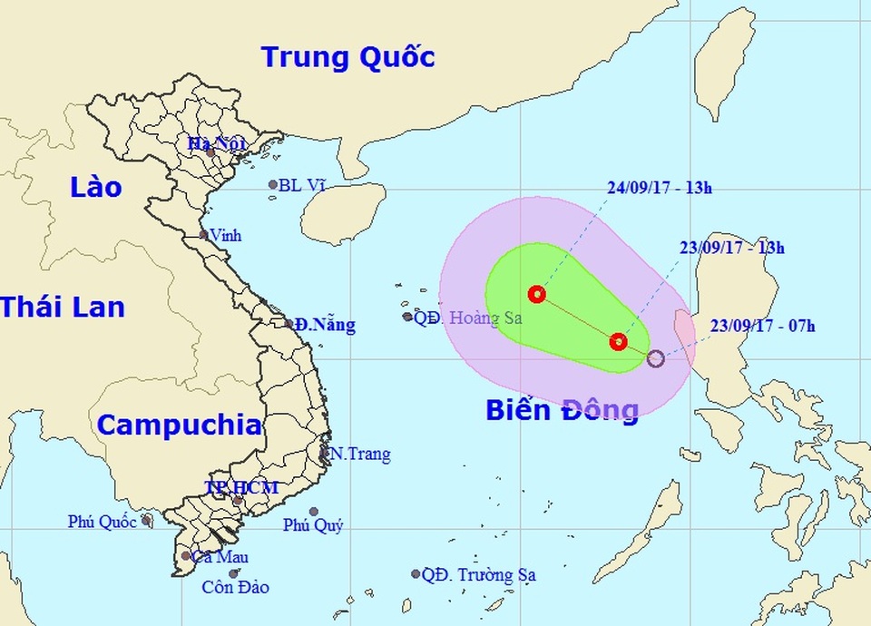 Vị trí và hướng di chuyển của áp thấp nhiệt đới (Ảnh: NCHMF).