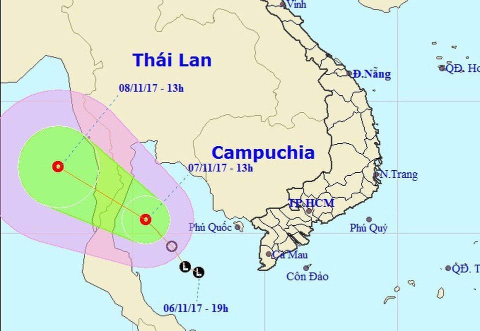 Ảnh hưởng áp thấp nhiệt đới, biển Cà Mau - Kiên Giang mưa giông - 1 Vị trí và hướng di chuyển của áp thấp nhiệt đới. (Ảnh: NCHMF).