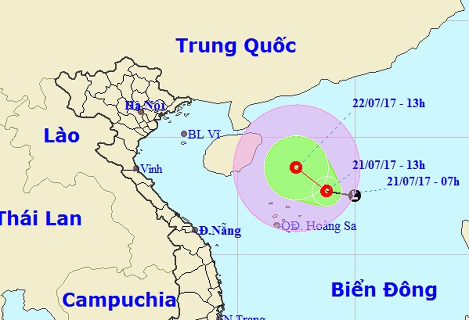 Vùng áp thấp trên Biển Đông mạnh lên thành áp thấp nhiệt đới - 1 Vị trí và hướng di chuyển của áp thấp nhiệt đới (Ảnh: NCHMF).