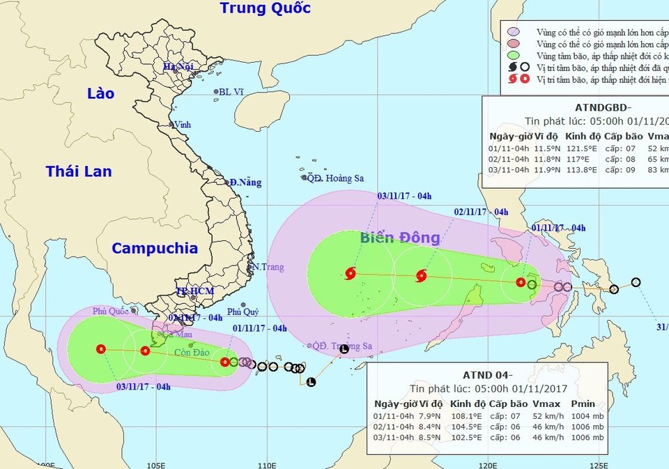 Chiều nay có bão trên Biển Đông, Nam Bộ mưa to - 1 Vị trí và hướng di chuyển của 2 cơn áp thấp nhiệt đới (Ảnh: NCHMF).