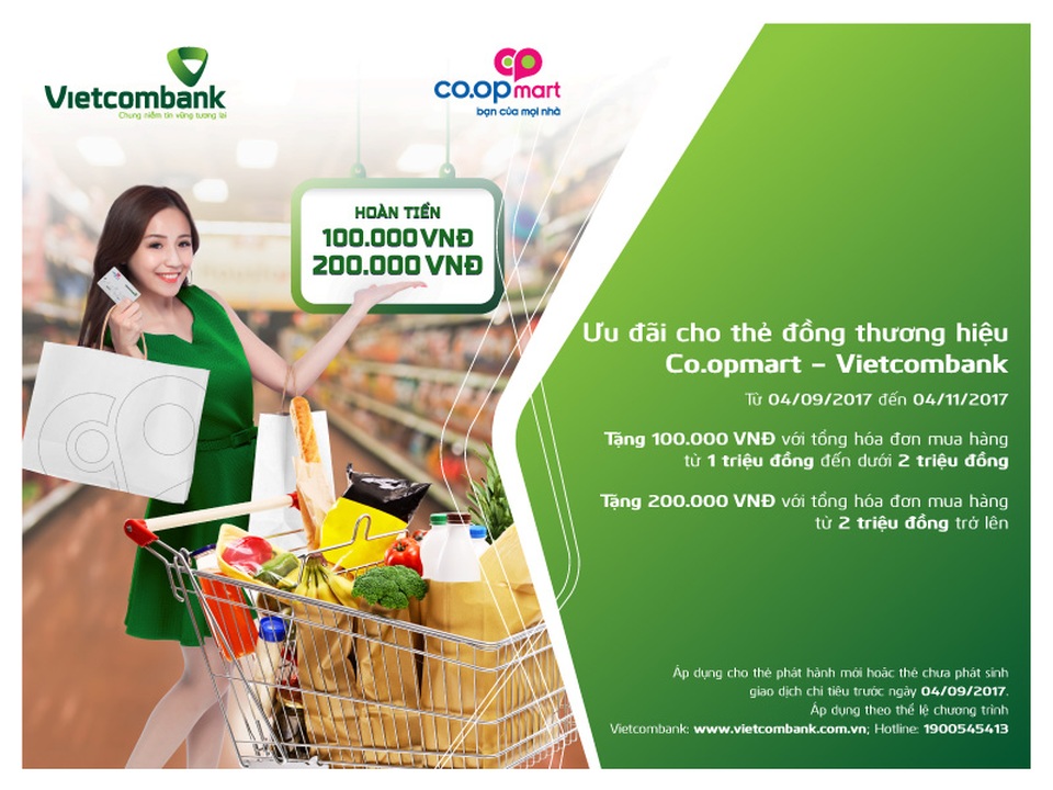 Nhiều ưu đãi hấp dẫn dành tặng chủ thẻ VietcomBank tại hệ thống siêu thị Co.opmart và Fivimart - 1 Nhiều ưu đãi hấp dẫn dành tặng chủ thẻ VietcomBank tại hệ thống siêu thị Co.opmart và Fivimart - 1