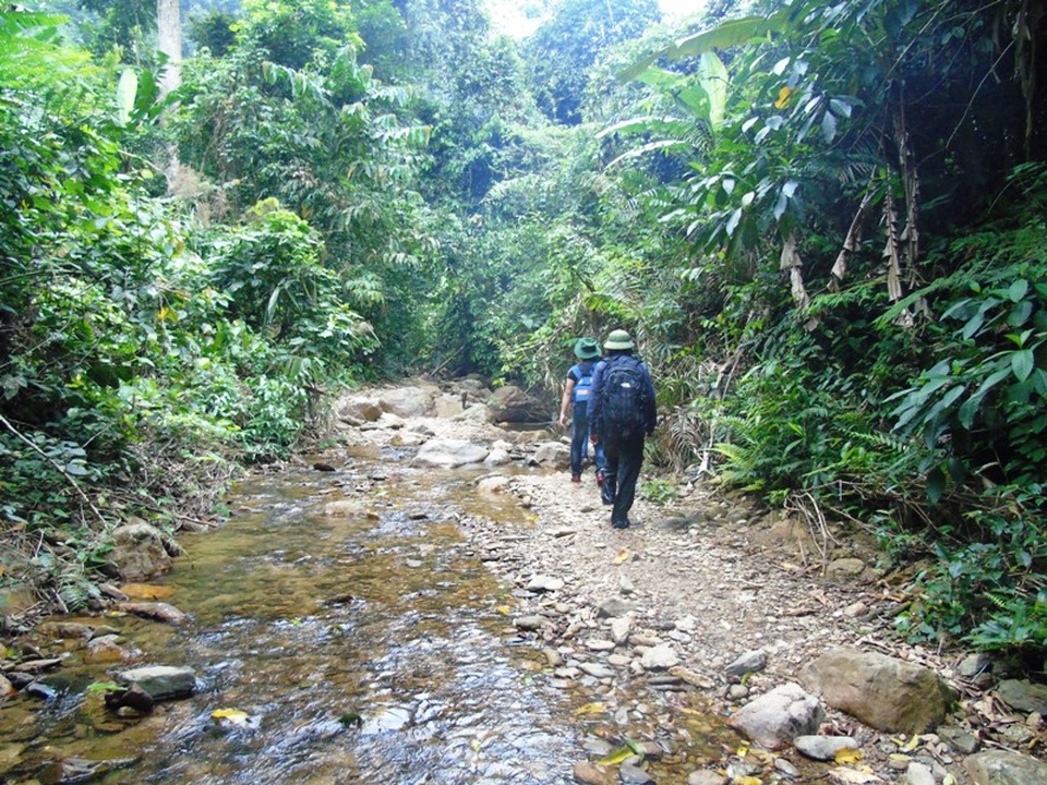 Để đến được với bản Đoòng, chúng tôi phải cuốc bộ gần 3 giờ đồng hồ men theo lối mòn nhỏ giữa đại ngàn Trường Sơn, băng qua những dòng suối, những con dốc cao dựng đứng.