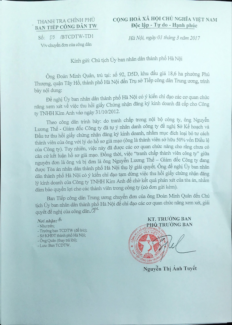 Thanh tra Chính phủ đề nghị Hà Nội giải quyết vụ lùm xùm thu hồi giấy phép đăng ký kinh doanh - 1 Văn bản của Ban Tiếp công dân Trung ương gửi Chủ tịch UBND TP Hà Nội.