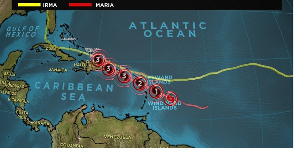 Siêu bão thổi bay mái nhà Thủ tướng Dominica - 1 So sánh đường đi của bão Maria (màu đỏ) và bão Irma (màu vàng) (Ảnh: NBC)