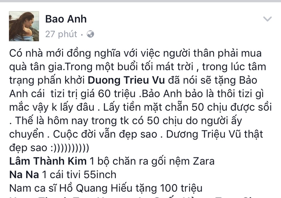 Bảo Anh bật mí Hồ Quang Hiếu tặng 100 triệu mừng nhà mới - 1 Chia sẻ của Bảo Anh về món quà Hồ Quang Hiếu tặng mình