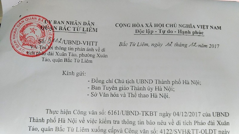 Vụ pháo đài Xuân Tảo xuống cấp: Yêu cầu quyết toán dự án trước ngày 31/12! - 1 Báo cáo của UBND Quận Bắc Từ Liêm gửi UBND Thành phố Hà Nội.