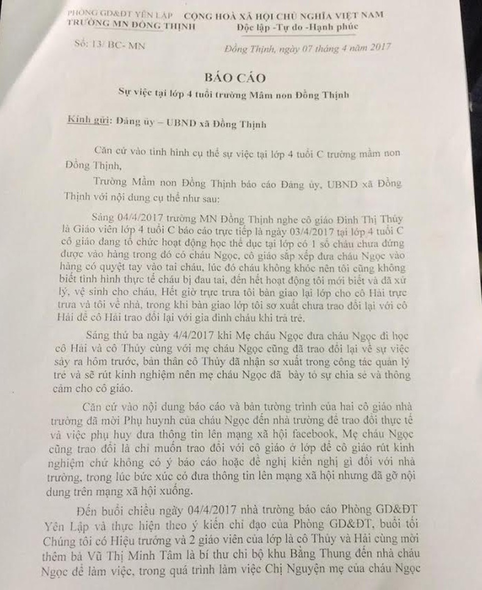 Bé 4 tuổi bị cô giáo mầm non “quệt tay” chảy máu tai - 3 Báo cáo của Trường mầm non Đồng Thịnh về sự việc