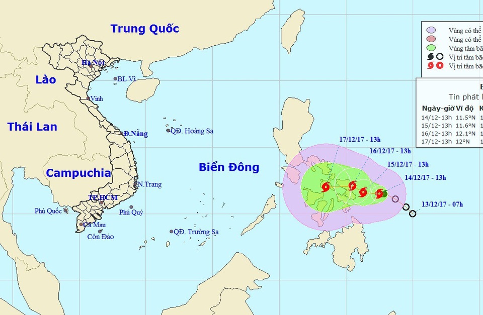 Vị trí và hướng di chuyển của bão Kai-tak. (Ảnh: NCHMF).