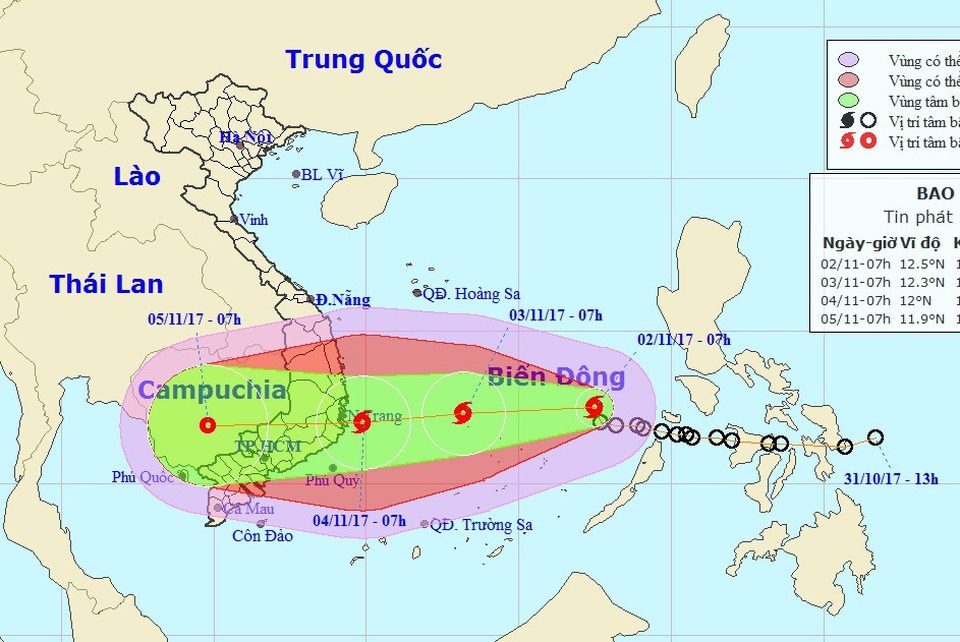 Bão số 12 đang hướng vào khu vực Nam Trung Bộ - 1 Vị trí và hướng di chuyển của bão số 12 (Ảnh: NCHMF).