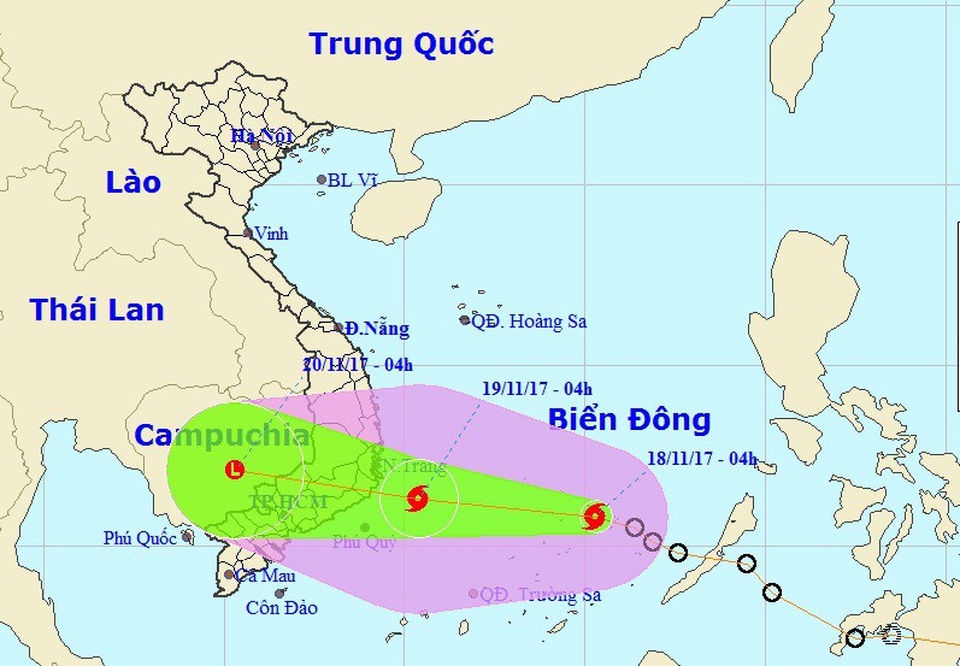 Hình thành bão số 14 trên Biển Đông - 1 Vị trí và hướng di chuyển của bão số 14 (Ảnh: NCHMF).