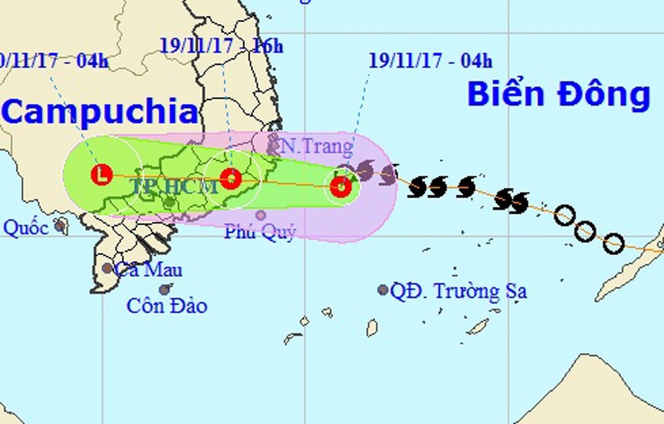 Bão số 14 đã suy yếu thành áp thấp nhiệt đới - 1 Vị trí và hướng di chuyển của áp thấp nhiệt đới. (Ảnh: NCHMF).