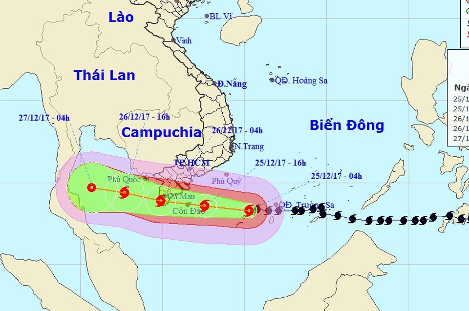 Đêm nay bão số 16 vào đất liền các tỉnh Bà Rịa - Vũng Tàu đến Cà Mau - 1 Vị trí và hướng di chuyển của bão số 16. (Ảnh: NCHMF).